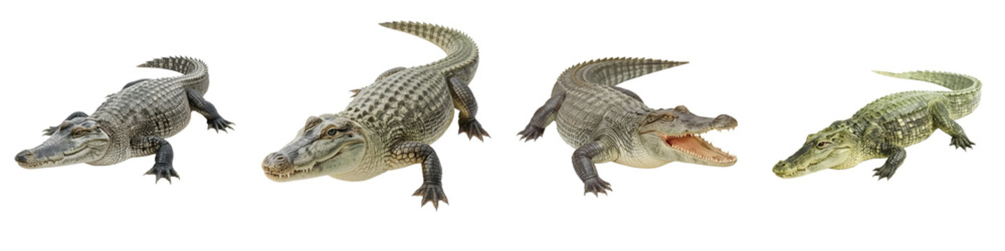Different caiman species are positioned on a black background