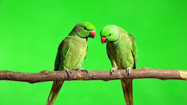 Two green ringneck parakeets interact playfully perched on a branch in front of a bright green screen