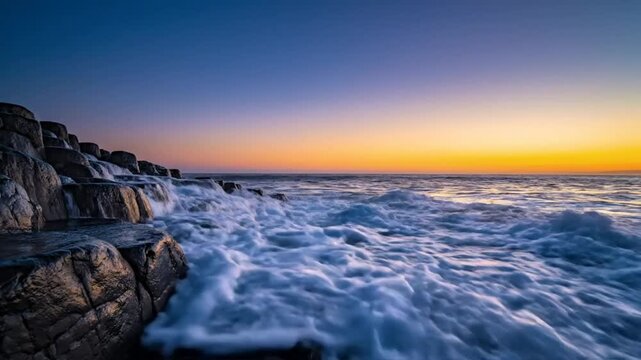 Epic Sunrise Over Rugged Basalt Columns with Crashing Waves, Nature's Grand Spectacle at Dawn
