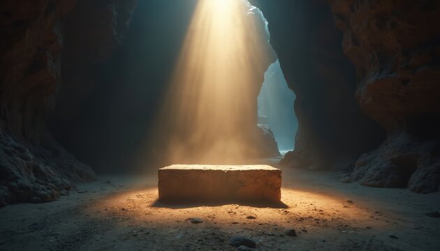 Stone altar inside dark cave. Light beam shines on rock. Mysterious holy place with sandy floor and rough walls. Dramatic religious atmosphere.