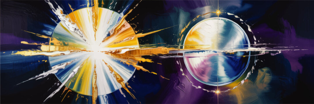 Abstract cosmic collision of colorful planets and energy burst, futuristic space explosion digital painting in blue purple orange tones