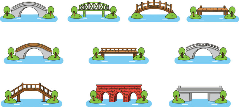 Architecture bridge set featuring stone arch wooden truss and brick water crossings flat vector