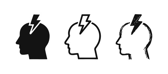 Lightning Bolt in Human Head Icon Set - Creative Thought, Stress, and Mental Acuity Concepts. © drawing lines