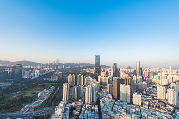Fototapeta premium The skyline of Futian District, Shenzhen at dusk