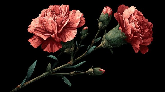 Detailed illustration depicts blooming coral colored blossoms and tightly closed buds on dark stems against an absolute black background