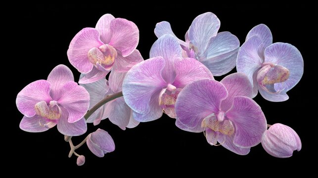 Cluster of delicate pink and purple orchid blossoms extends across a dark background
