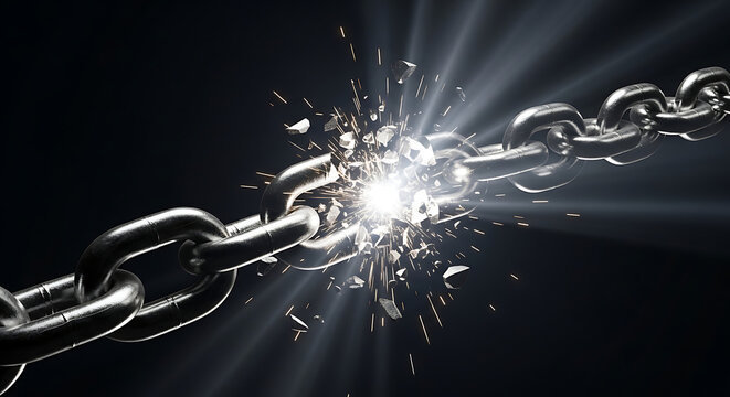 Monochromatic old chain breaking with bright white explosion, shiny debris flying around, creating power concept.