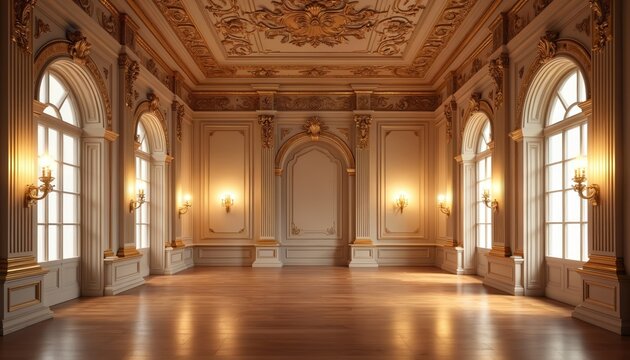 Opulent ballroom with golden ornate decor and large arched windows. Light reflects off polished wood floor, creating warm inviting atmosphere. Elegant classic interior design space.