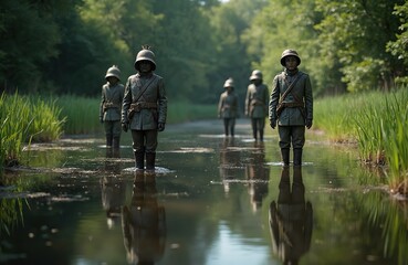 Naklejka premium Soldiers in vintage uniforms march through shallow water and tall grass. Their reflections shimmer on the watery surface, creating a somber and historic scene in nature.