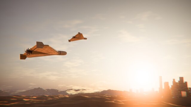 Military Kamikaze Drones Approaching Desert City at Sunset &ndash; Concept of Modern Conflict and Threat