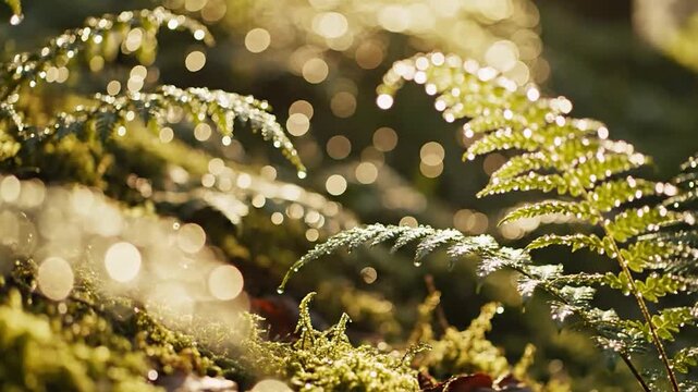 Moss and ferns in forest environment.