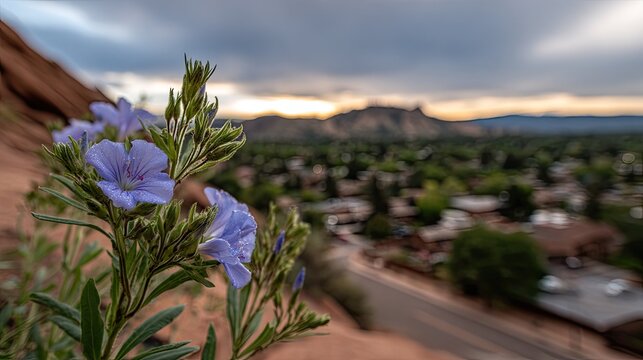 Wild blue blossoms bloom beside an elevated vantage point overlooking a residential area at dusk