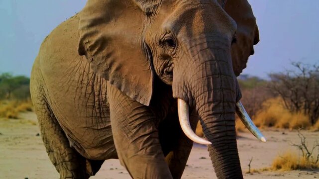 Elephant wildlife photo with close-up face and tusk texture, warm savanna lighting, natural habitat background, cinematic documentary style for