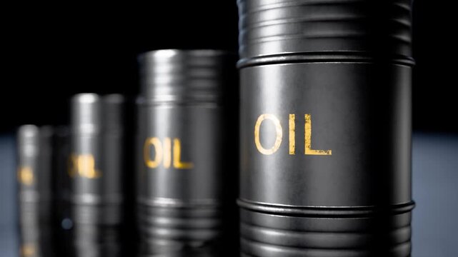 Camera zooms in on oil barrels. Spilled oil in front of the barrels. Oil and fossil fuel trading. Energy demand. Fuel crisis.