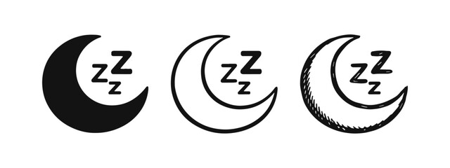 Sleep icon set with crescent moon and ZZZ symbols, representing rest and bedtime, in solid, outline, and doodle styles. © drawing lines