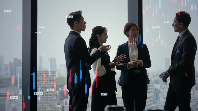 オフィスで会話するビジネスパーソンのグループと金融テクノロジーのコンセプトイメージ