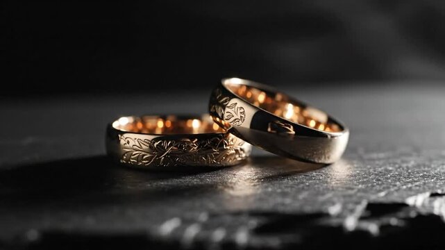 Elegant gold wedding rings with floral design resting on a dark, textured surface, romantic lighting