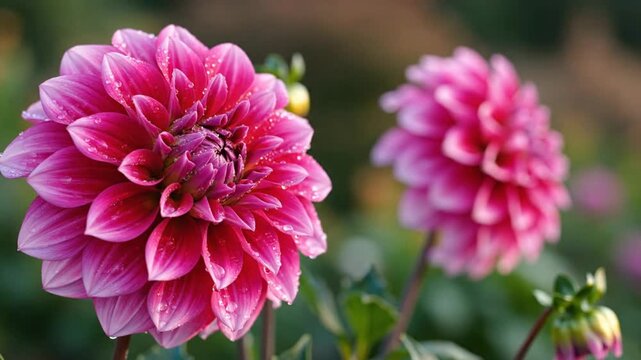 Close-up of vibrant pink dahlias in a garden with water droplets glistening on the petals under soft sunlight
