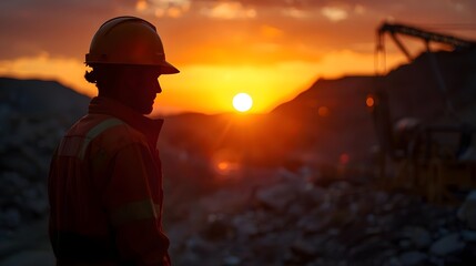 Obraz premium Dedicated worker in safety equipment observes the dramatic sunset over an active industrial mining landscape, symbolizing hard work and the close of a productive day in resource extraction