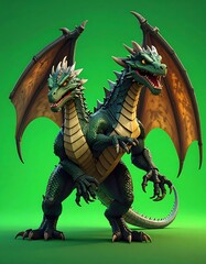Fototapeta premium A fierce two-headed creature with green scales, brown wings, and menacing yellow eyes, stands poised against a vibrant green backdrop