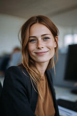 Am Schreibtisch sitzende Sachbearbeiterin lächelt