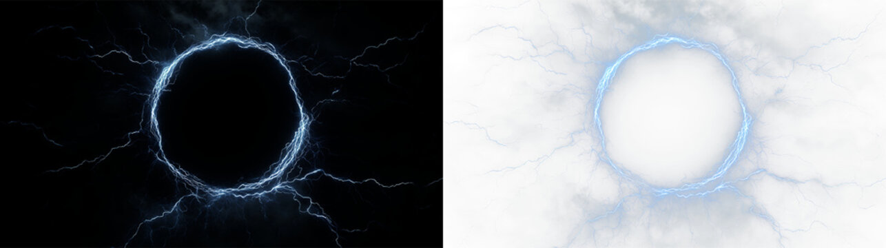 Bright blue electric circle with lightning on a transparent background shown with clouds