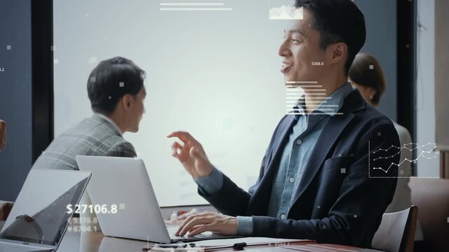 オフィスで会話するビジネスパーソンのグループと統計データのコンセプトイメージ