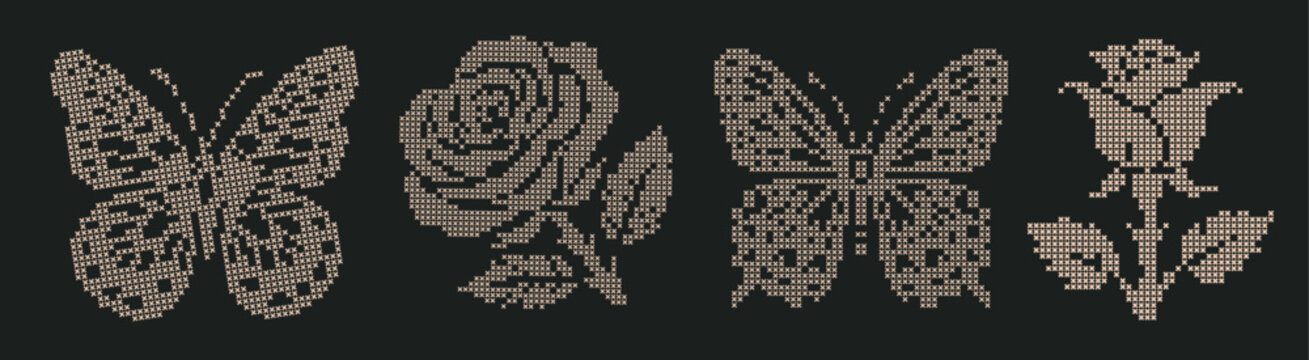 Vintage Cross Stitch Butterfly and Rose Collection, retro embroidery style vector set. Cottagecore floral folk illustration for scrapbook, journal, romantic design