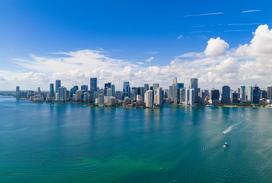 Miami skyline. Miami cityscape with residential towers. Miami waterfront panorama. Miami downtown skyline near Brickell.