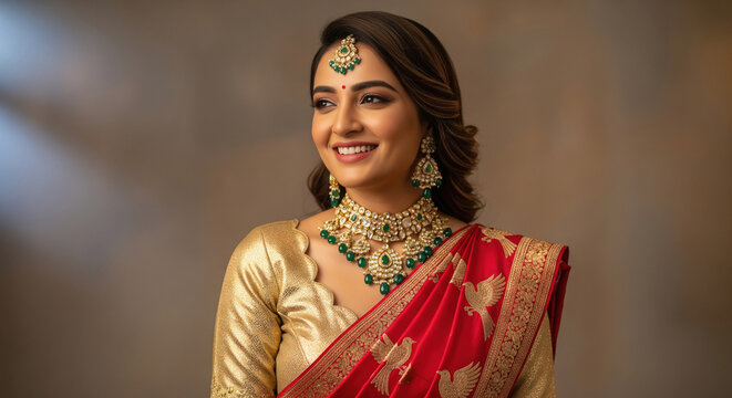 Elegant Indian Woman in Red Saree and Exquisite Traditional Gold Jewelry
