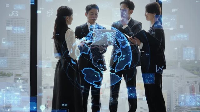 オフィスで会話するビジネスパーソンのグループとグローバルネットワークのコンセプトイメージ