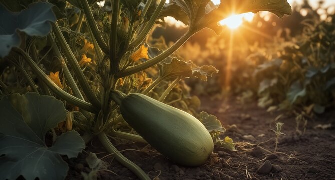 zucchini growing in organic garden with warm sunset light.
