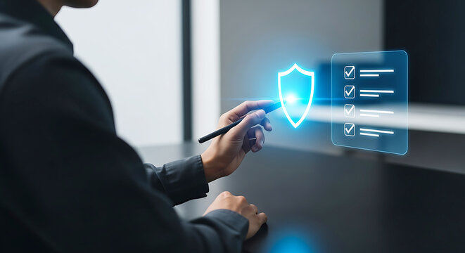 A businessman interacting with a digital security interface on a transparent screen with a shield and checklist icons