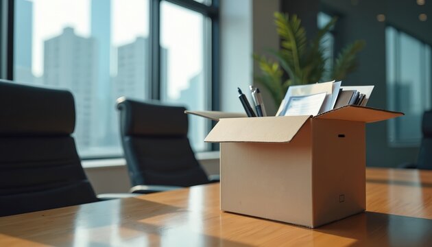 Cardboard box with work items sits on office table. Person packs belongings, leaving job. Empty chairs surround desk, representing career change or layoff.