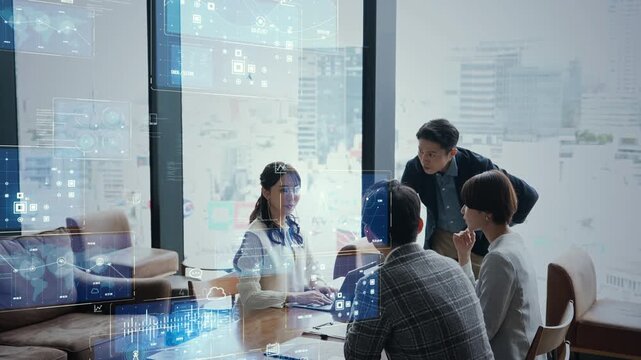 オフィスで会議するビジネスパーソンのグループとデジタルテクノロジーのコンセプトイメージ