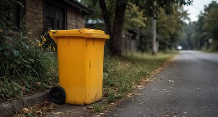 Obraz premium yellow recycling bin on a quiet residential street with greenery.