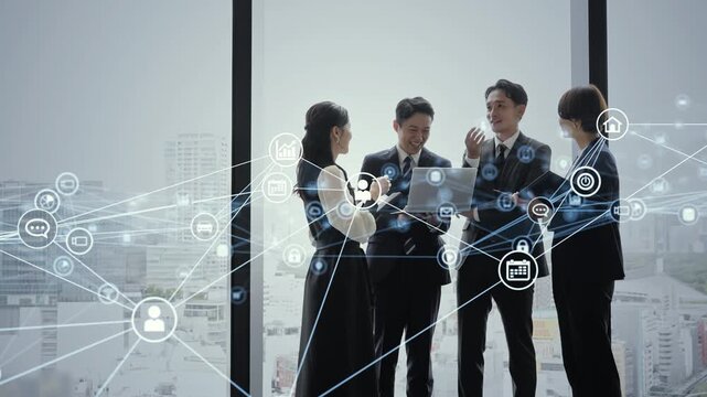 オフィスで会議するビジネスパーソンのグループとデジタルネットワークのコンセプトイメージ