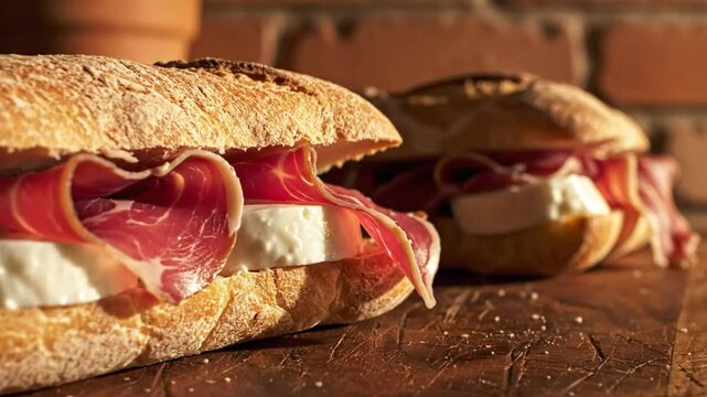 Delicious prosciutto and mozzarella sandwiches with crusty bread on a rustic wooden cutting board with brick background