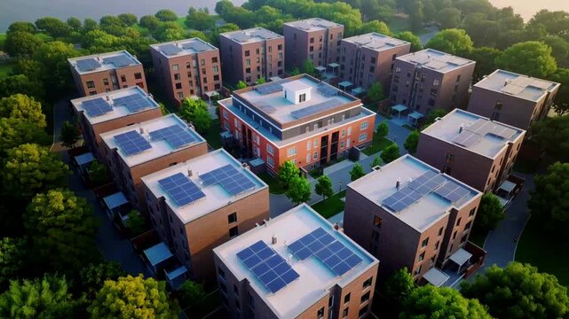 Buildings aerial view of modern residential housing complex with neat rooftops, tree-lined streets, and soft daylight, showcasing urban planning and