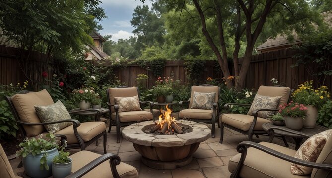 cozy backyard patio with fire pit and lush garden setting.