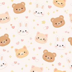Obraz premium Cute Kawaii Animal Faces Seamless Pattern with Bears, Bunnies, and Cats