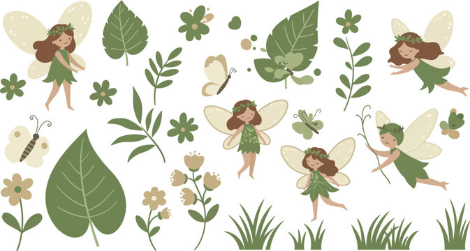 Whimsical illustration of fairies and plants in a garden setting with flowers and leaves