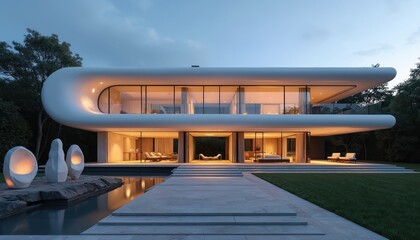 Fototapeta premium Modern luxury house at dusk with curved roof and large windows. Sculptures, pool and garden complement the stylish residence. Upscale architecture and design showcase a serene evening.