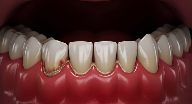 Close-up of unhealthy human teeth with gingivitis and plaque buildup
