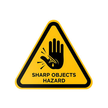 Warning triangle sign indicating sharp objects hazard with hand cut symbol and blood drop safety alert icon isolated on transparent background