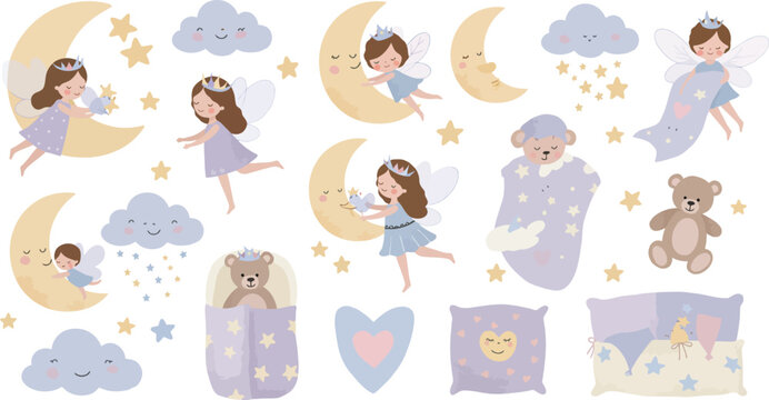 Whimsical illustrations of girls sleeping and dreaming under the moon