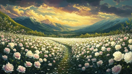 Papier peint photo Chambre de fille Rose field path, sunset mountains, peaceful landscape, idyllic scene, nature background  © kuat