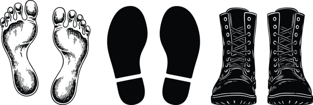 Human barefoot footprints, shoe sole prints and lace up boots set isolated on white background, walking tracking concept illustration
