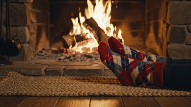 Cozy scene of relaxing by a fireplace with fire burning and feet in patterned socks enjoying warmth
