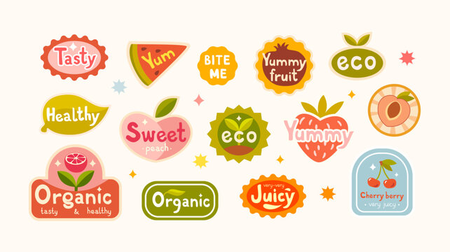 Fun set of fruit stickers in a cartoon style. Labels for fruit with inscriptions. Ideal for packaging, posters, menus, social media or childrens designs, grocery, market